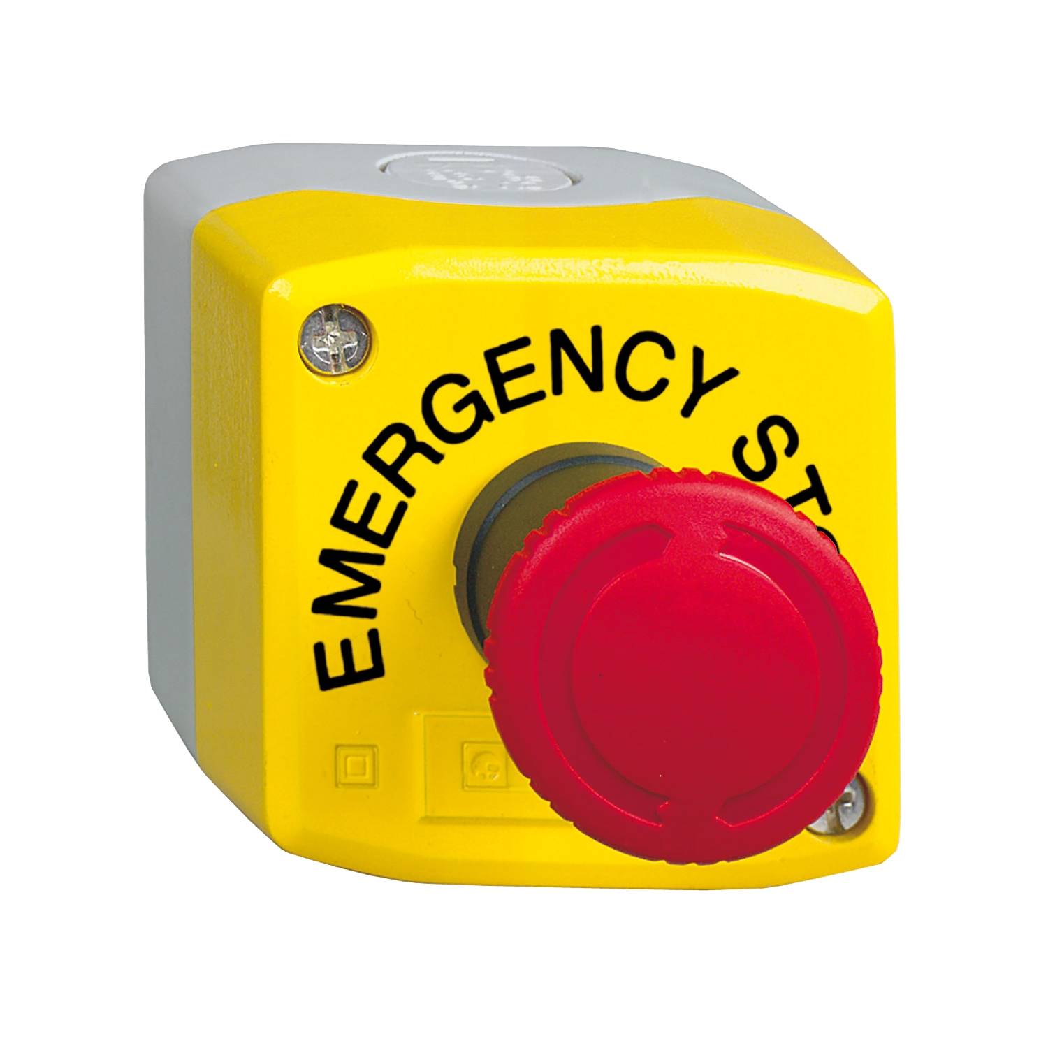 Yellow emergency stop button with a red push button, labelled 'EMERGENCY STOP', used for quickly shutting down machinery in an emergency.