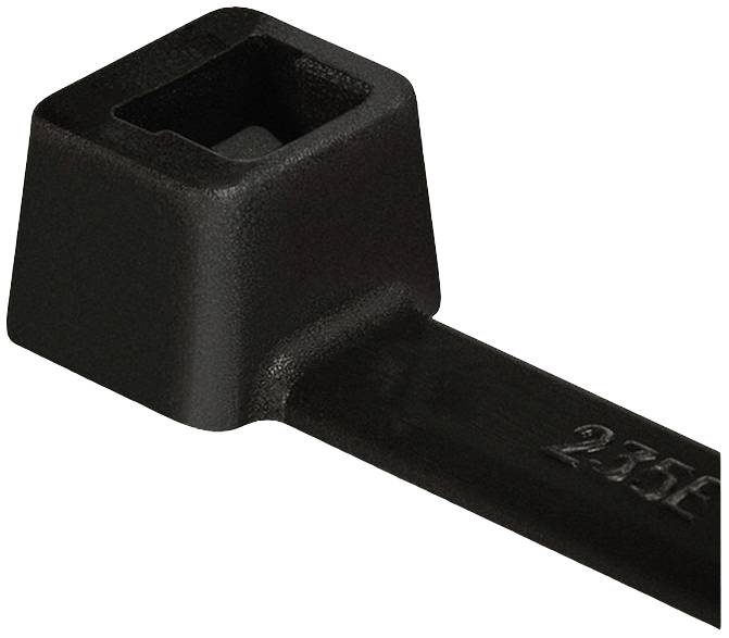 A black cable tie head with a square opening and smooth surface, suitable for securely bundling cables.