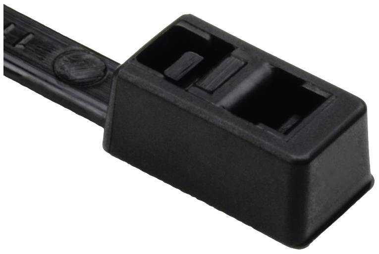 A black cable tie with a rectangular plastic locking mechanism.
