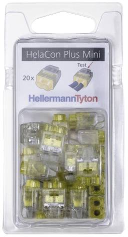 Packaging of 'HelaCon Plus Mini', 20 pieces. HellermannTyton brand. Contains small, transparent electrical connectors with yellow elements.