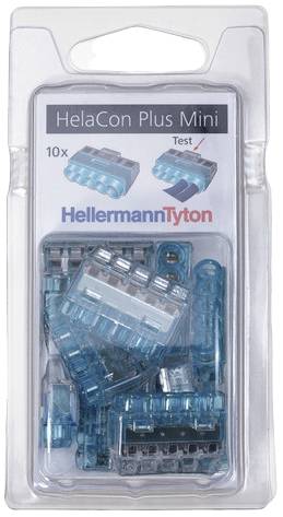 Packaging for a HelaCon Plus Mini Set from HellermannTyton. Contains 10 connecting terminals. Image shows product application.