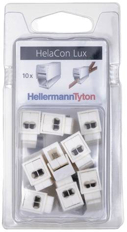 Packaging containing ten white Helacon Lux cable connectors from HellermannTyton, depicted with a diagram showing their usage.
