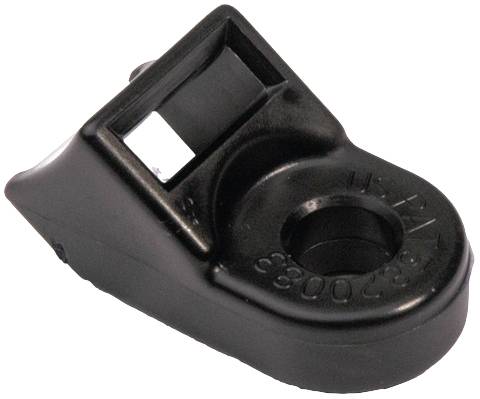 Black plastic component with a rectangular opening and circular recess. Likely serves as a mounting bracket or connecting element.