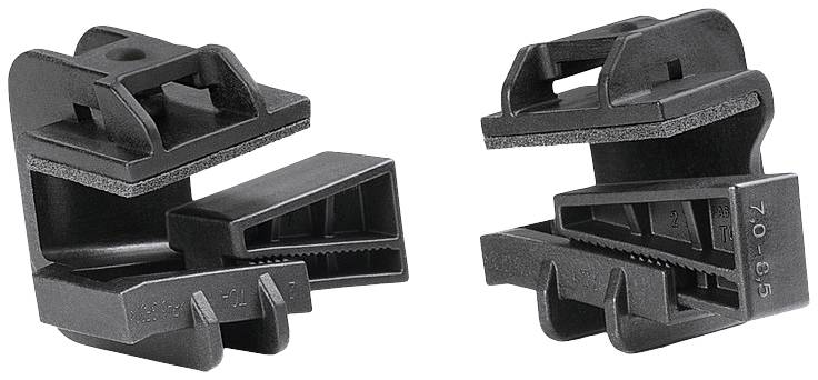 Two black plastic clamps side by side, both with serrated jaws for securely fastening objects.