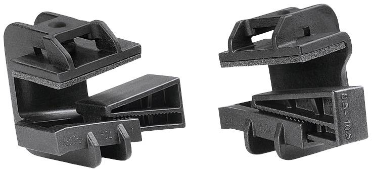 Two black plastic clamps from different perspectives, suitable for securing materials of varying thickness.