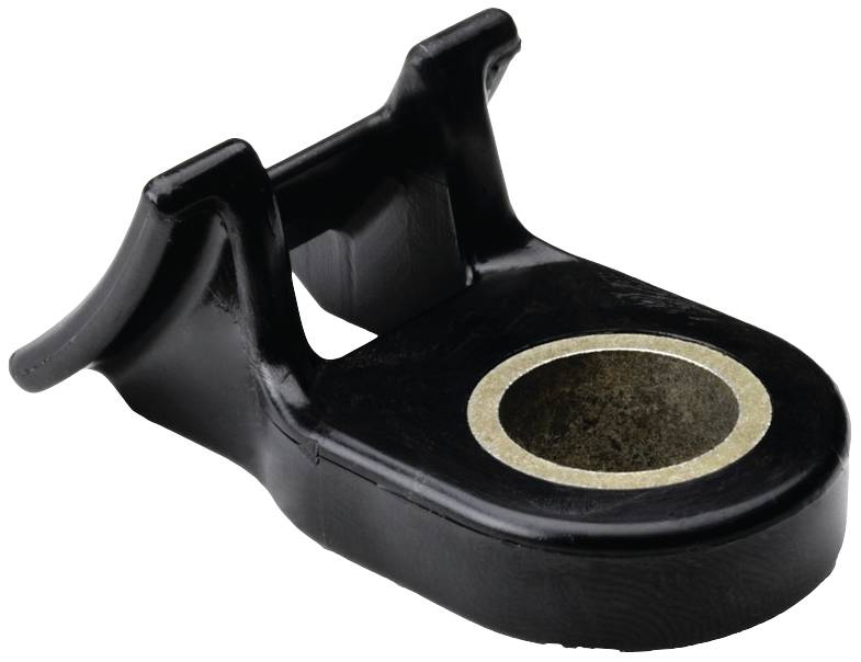 Black plastic part with a round, metal-reinforced opening in the centre. Likely serves as a mount or receiver.