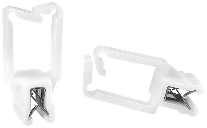 Two white plastic clips with metal springs, functioning as cable holders. One clip half is shown from above, the other from the side.