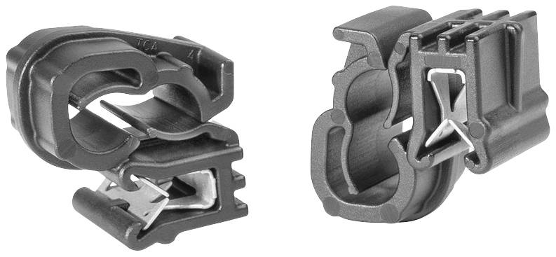 Two black plastic clips with metal springs. One shows the front view, the other the rear view. Used for fastening.