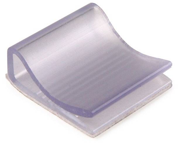 Transparent, curved plastic cable holder with a flat base for cable management.