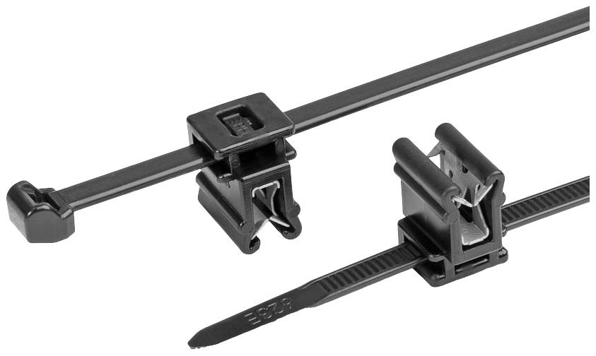 Two black cable ties with different fastenings, used for bundling and securing cables.