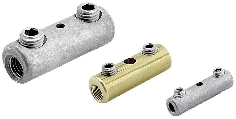 Three different pipe connectors, one made of brass and two of silver-coloured metal, each with two fixing screws.