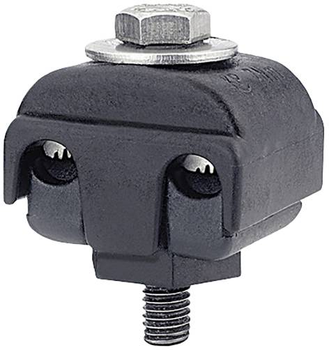 A black cable connector with an insulated plastic sheath and two metal screws on top. Used for electrical connection.