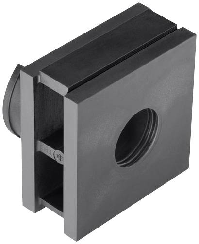 Metal block with a central hole and a side groove, potentially part of a machine or mounting system.