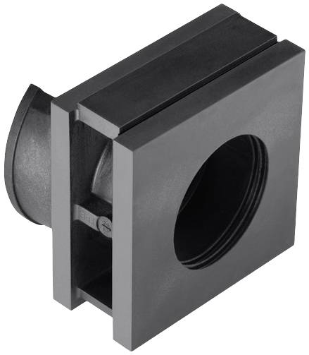 Black mechanical component in rectangular shape with circular cut-out and central fixing screw.