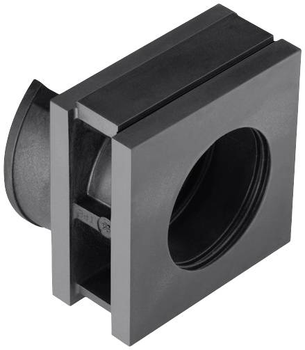 A black, square plastic connector with a circular hole in the centre. Suitable for modular construction kits or pipe connections.