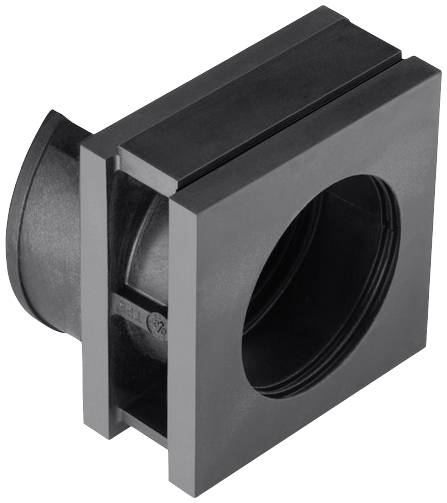 A black plastic component with a round hole in the centre. It has a rectangular shape and a curved opening on the left side.