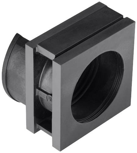 Black, rectangular plastic component with a round hole on the side. It may be used as part of a ventilation system.