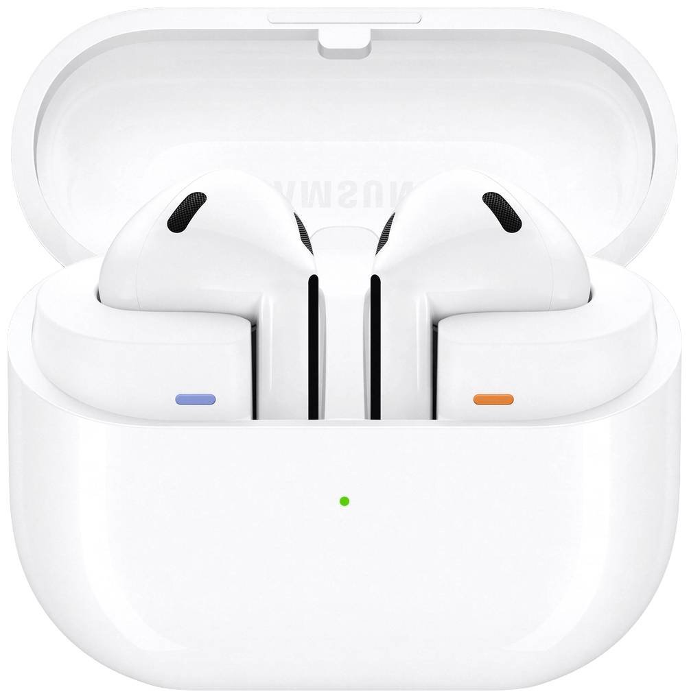 White wireless earbuds in an open charging case with a green LED indicator on the front.