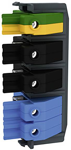 Multicoloured electrical connector with three colours: green-yellow, black, and blue.