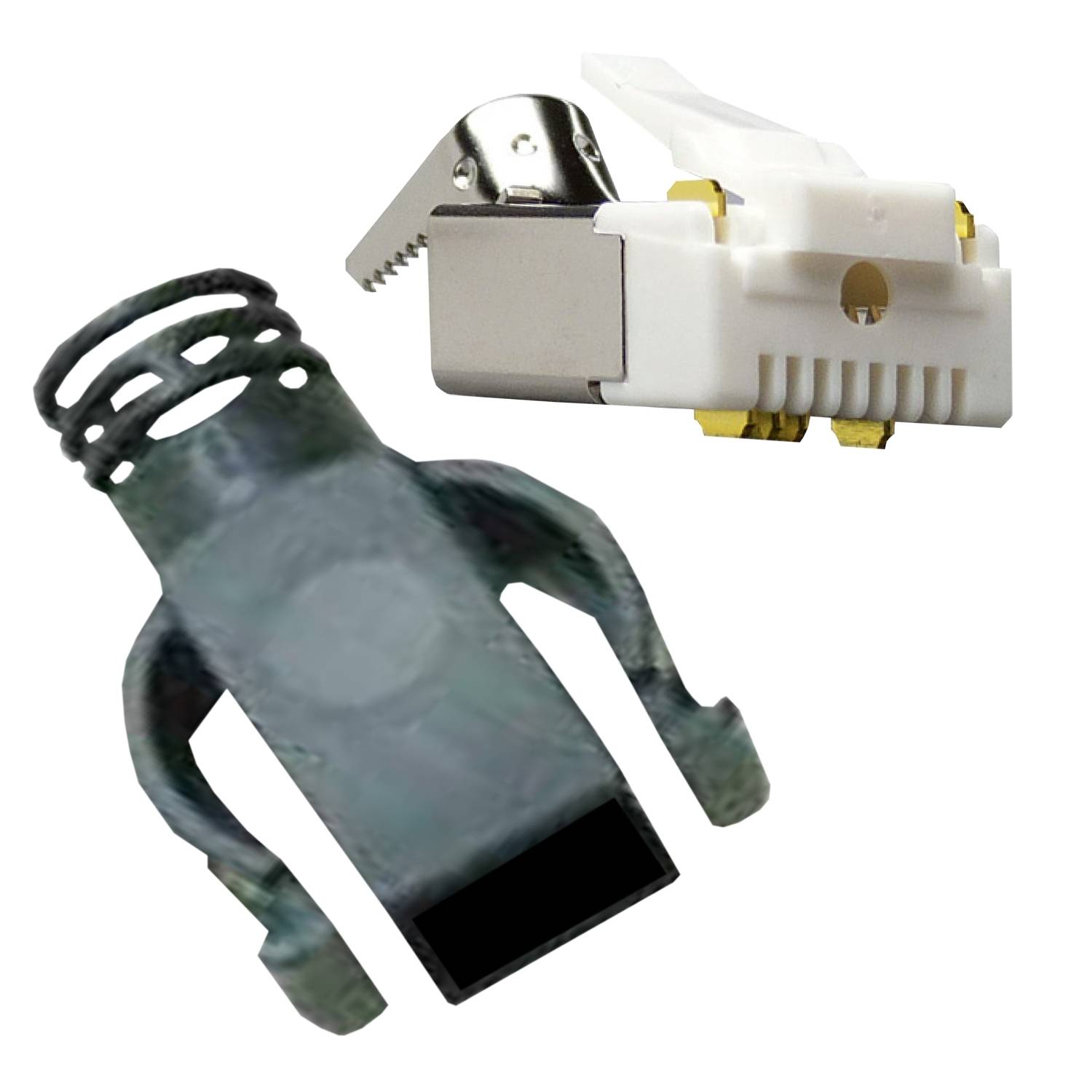 'Shielded RJ45 plug' and 'metal clip', components for network cables that offer higher-quality connections and durability.