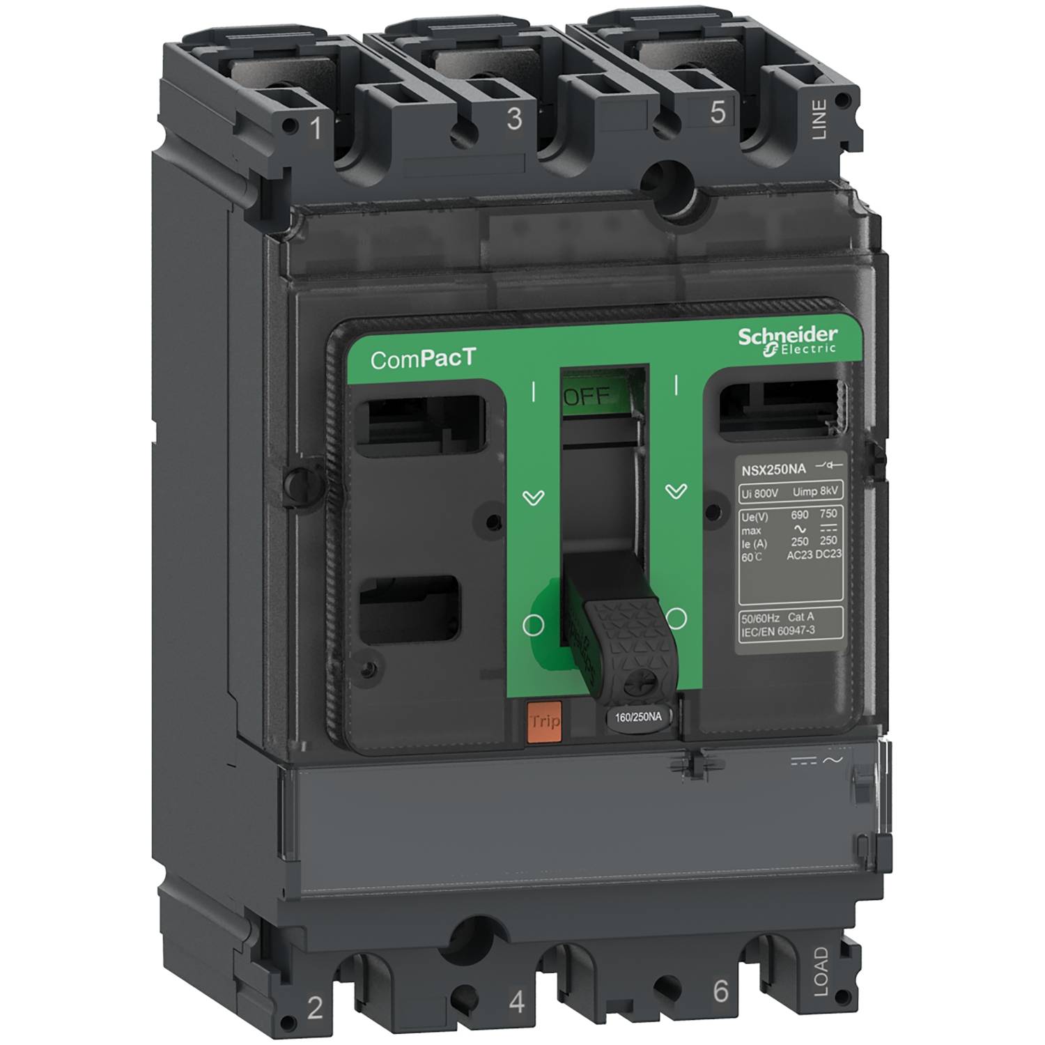 Schneider Electric 'ComPacT' circuit breaker, three-pole, with green 'ON/OFF' toggle switch and specifications on the front panel.