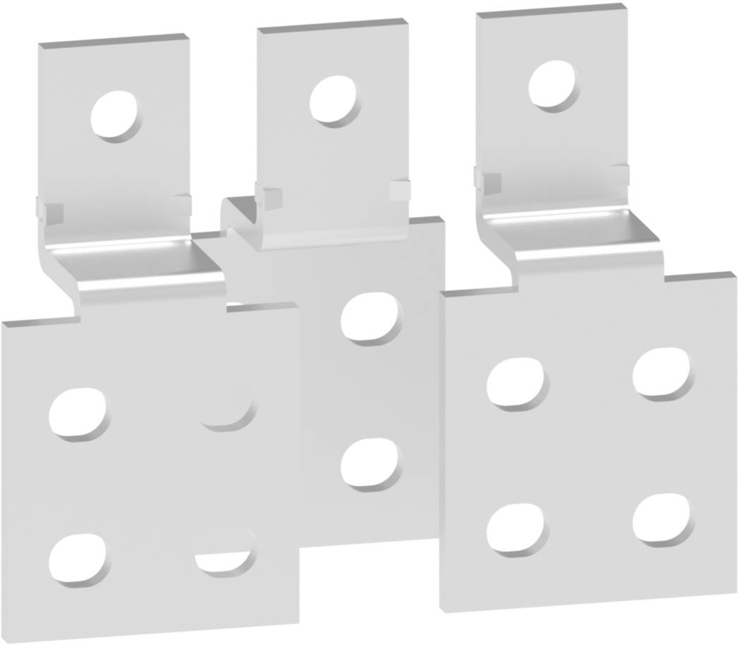 Three white metal angles with holes, arranged side by side. Suitable for fixing in constructions.