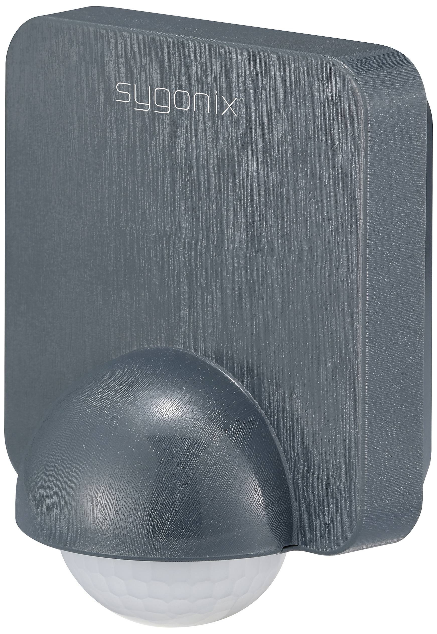 A dark grey motion sensor with a rounded design, bearing the 'Sygonix' brand. Ideal for monitoring and security.