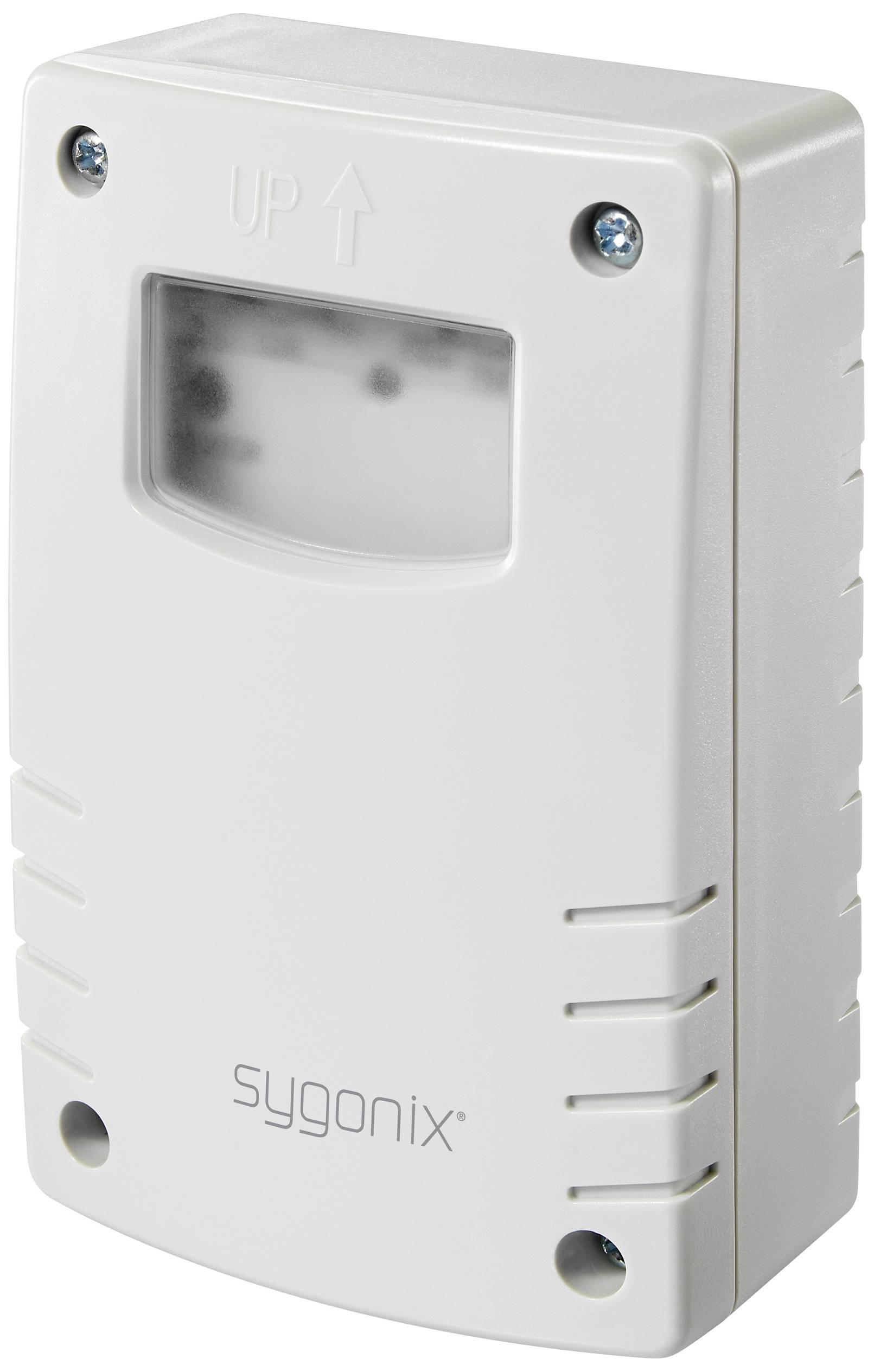 A white Sygonix motion sensor with a viewing window at the top and 'UP' printed on it, suitable for wall mounting.
