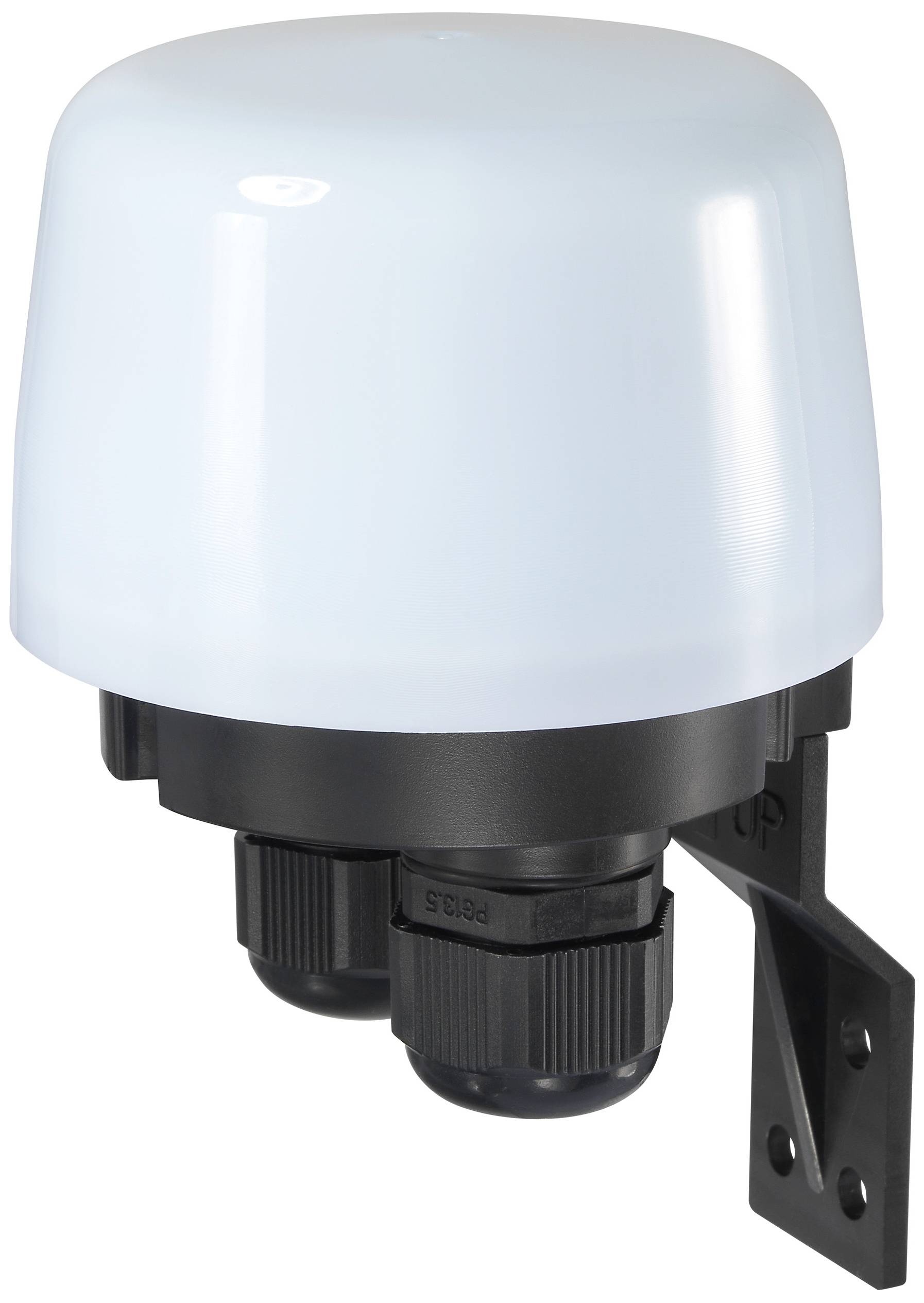 A round, white casing with a black base and two cable connections, mounted on a wall bracket.