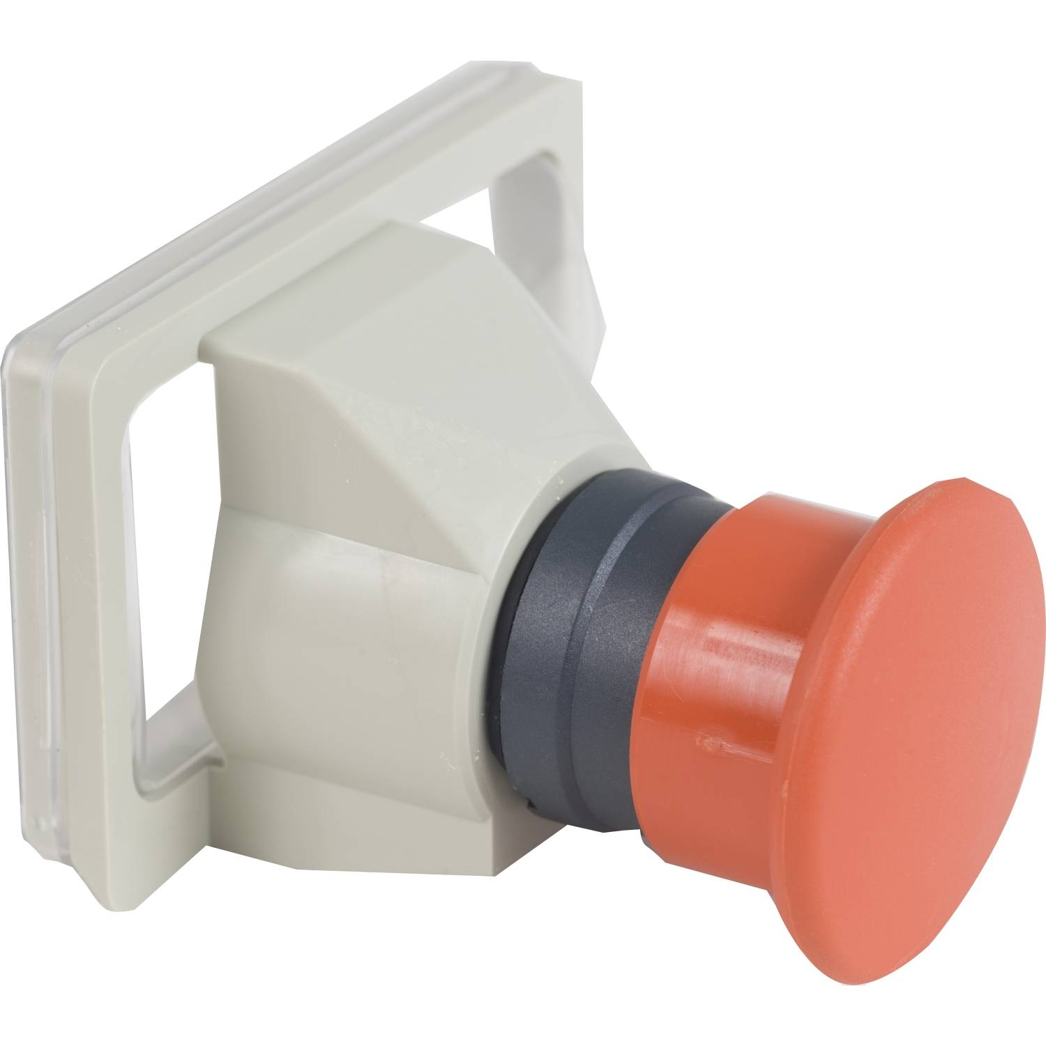 Red emergency stop button mounted on a grey bracket, commonly used for safety in machinery and technical equipment.
