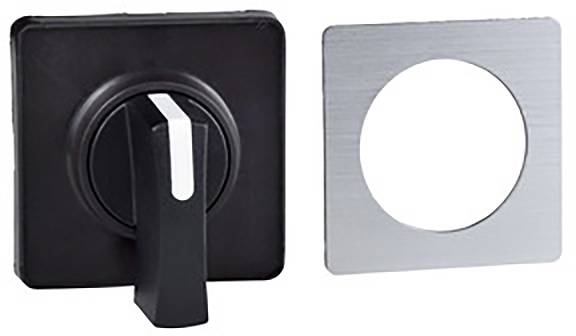 Black and silver rotary switch with a removable square frame.