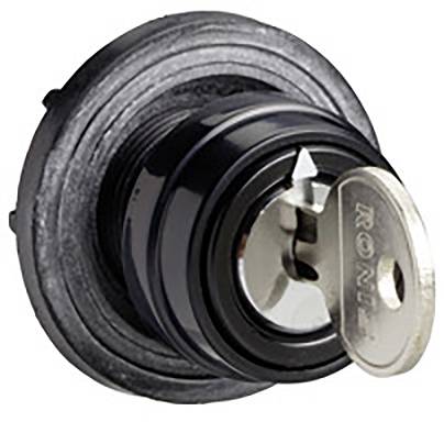 A silver key is inserted in a round, black lock attached to a door. The key is slightly turned.