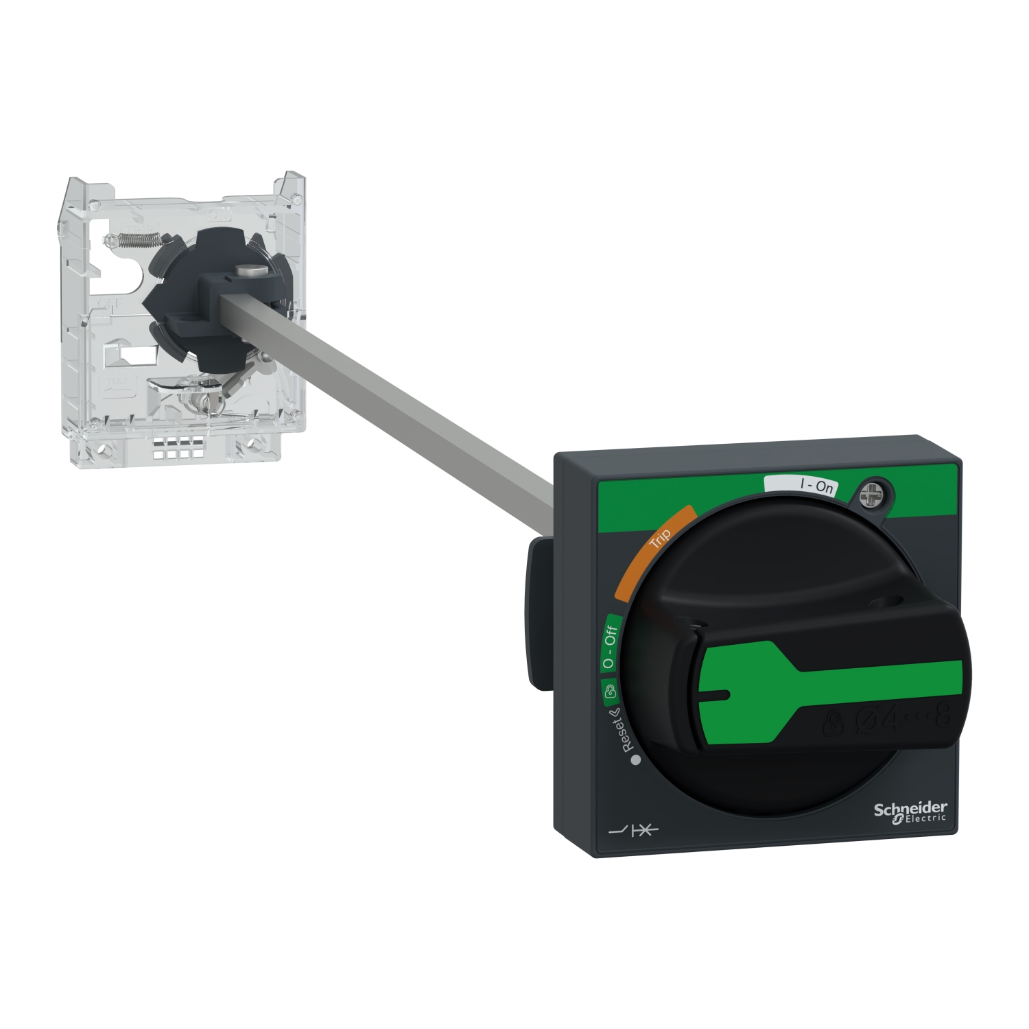 Front view of a black Schneider Electric switch with green and orange label. Includes On/Off position.