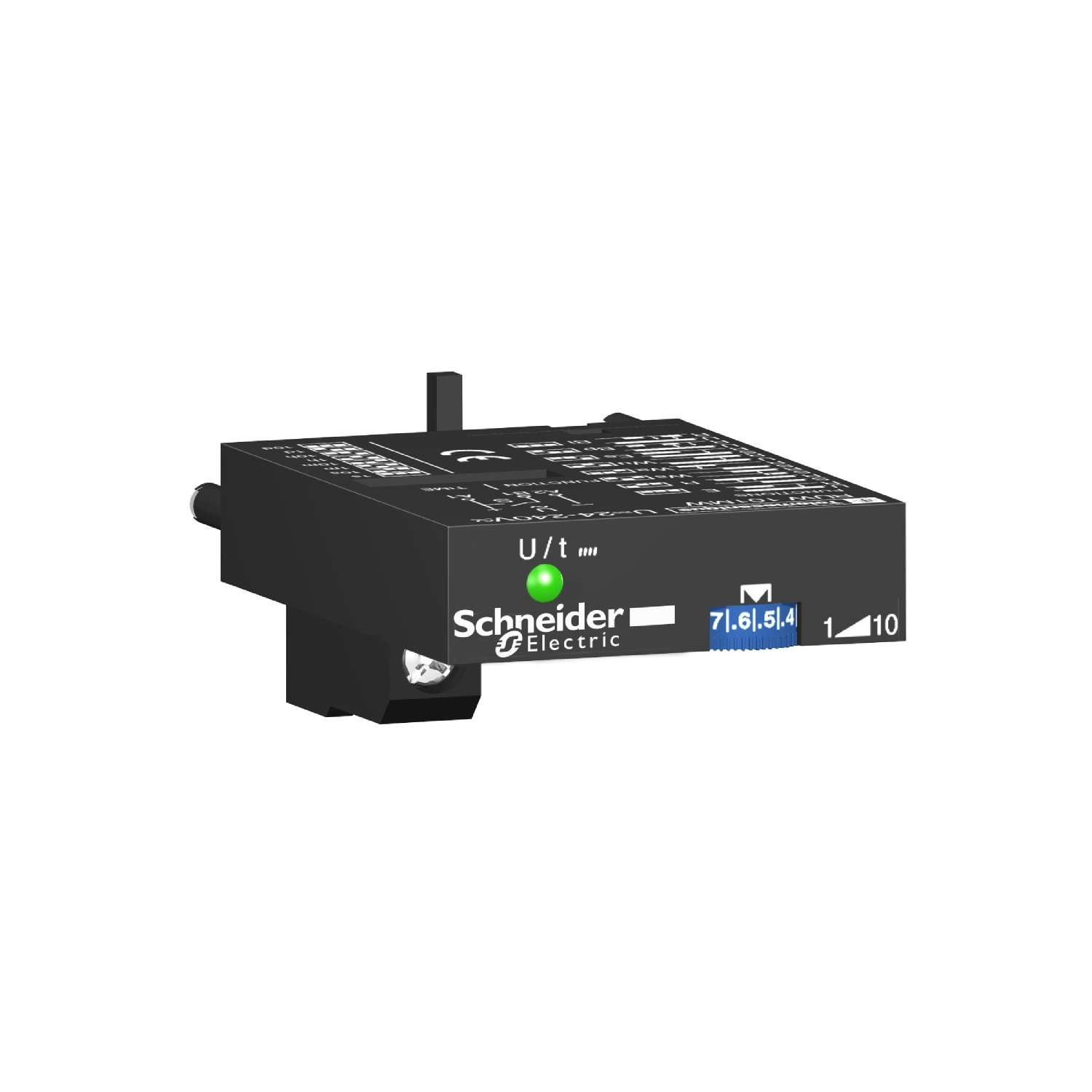 An unidentifiable black electronic device from Schneider Electric with labels and blue markings.