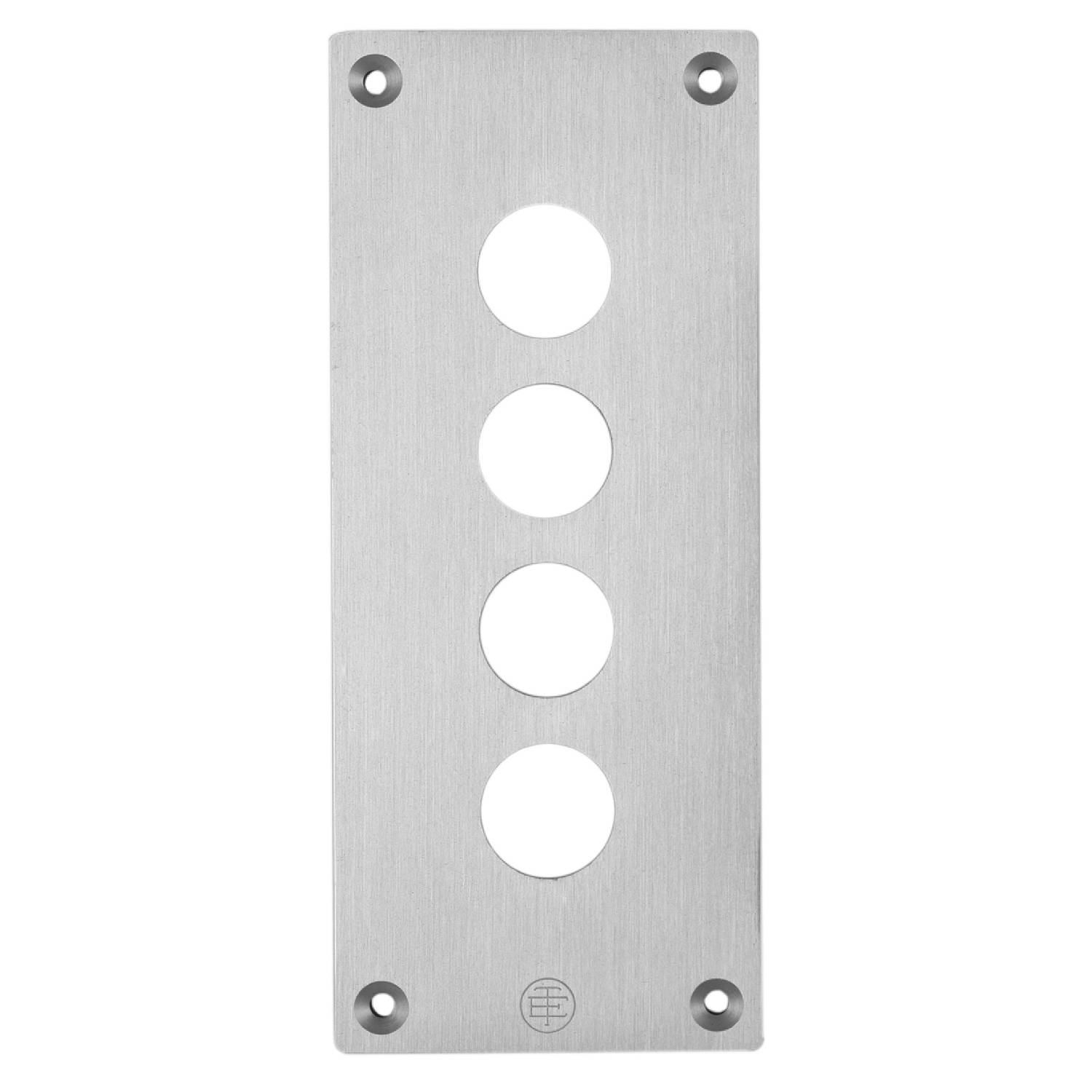 A rectangular metal piece with four round holes in a vertical line. It has screw holes in the corners.