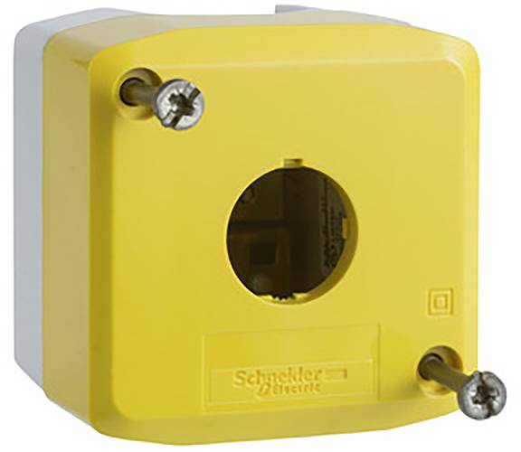 Yellow electrical junction box with a circular opening and two mounting screws.