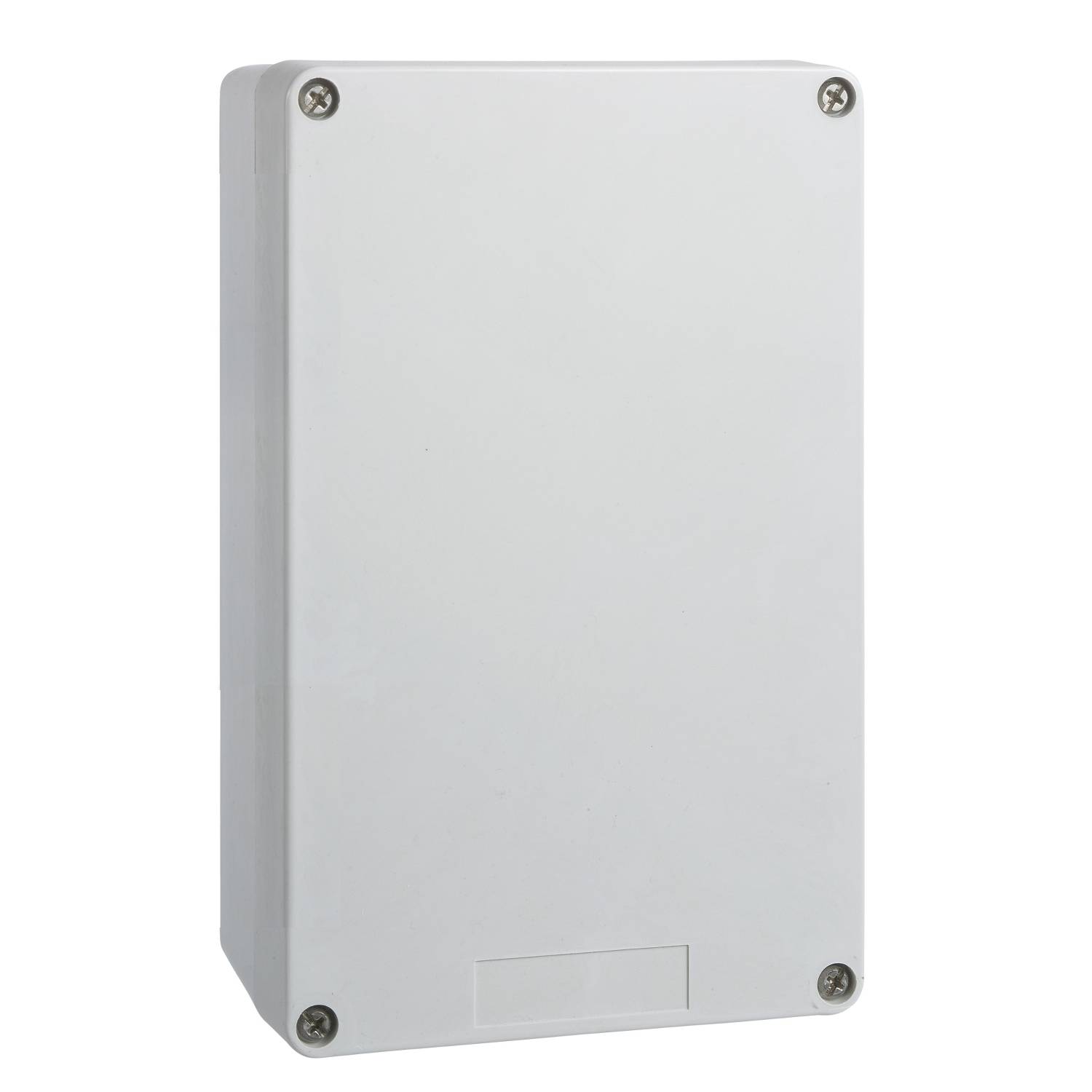 Rectangular white plastic casing with rounded corners and four visible screws in the corners, set against a white background.