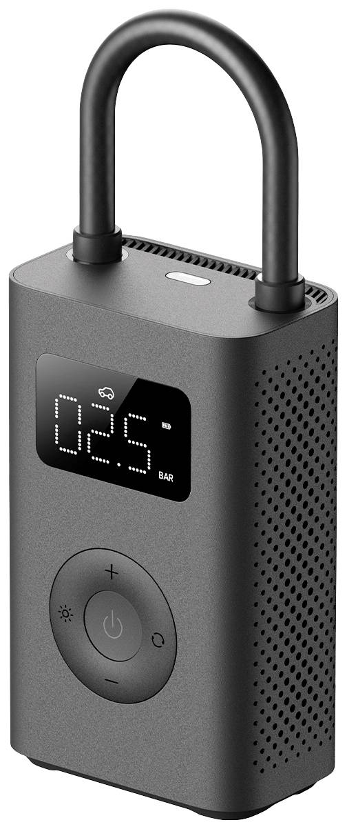 Portable black air pump with digital display, showing '0.25 BAR'. Buttons on the front for control. Ideal for tyres.