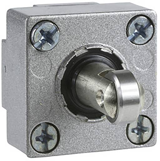 A metal switch with a rotary lever, mounted on a square plate with four screws at the corners.
