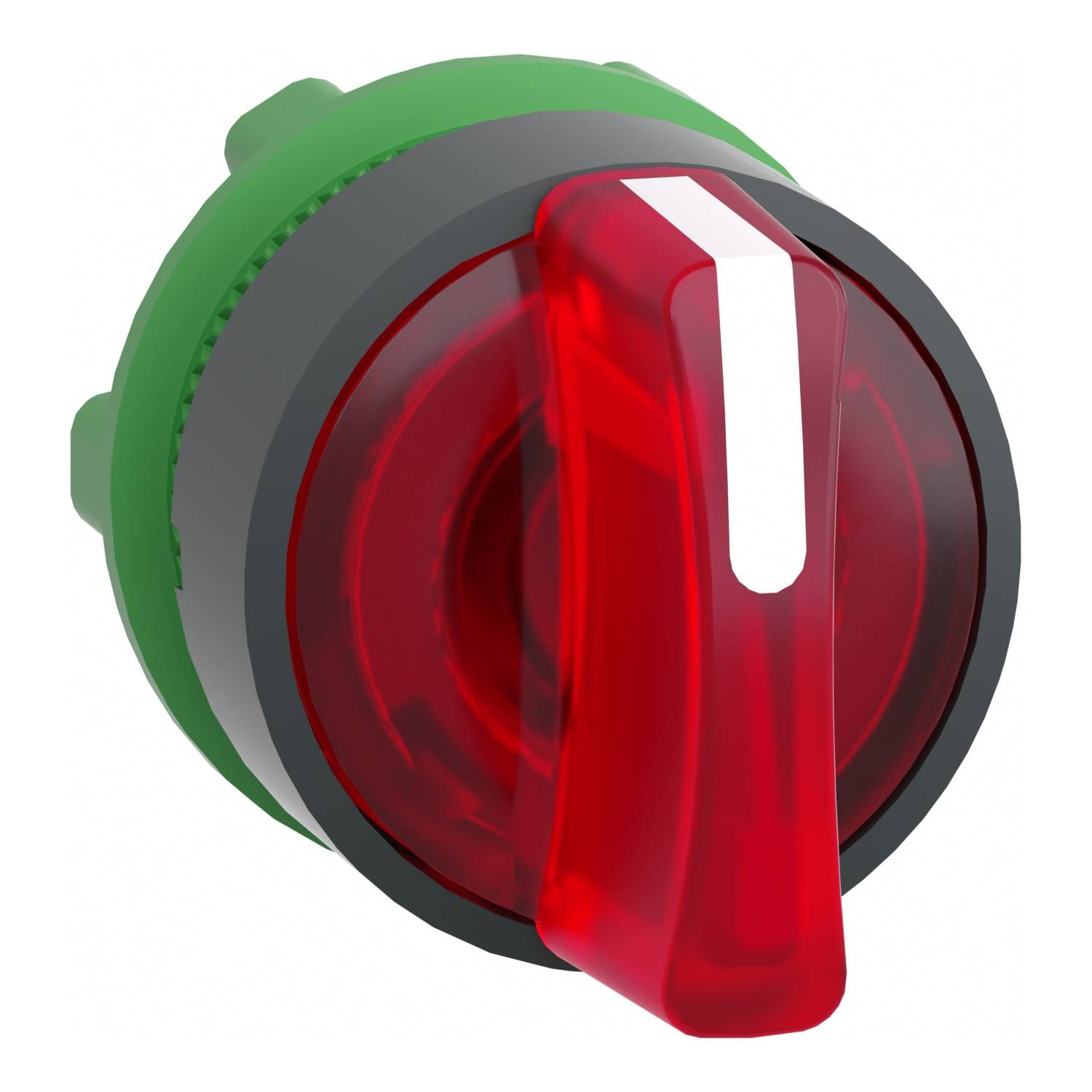 A red emergency stop switch with a lever in the Off position. The switch is embedded in a green housing.