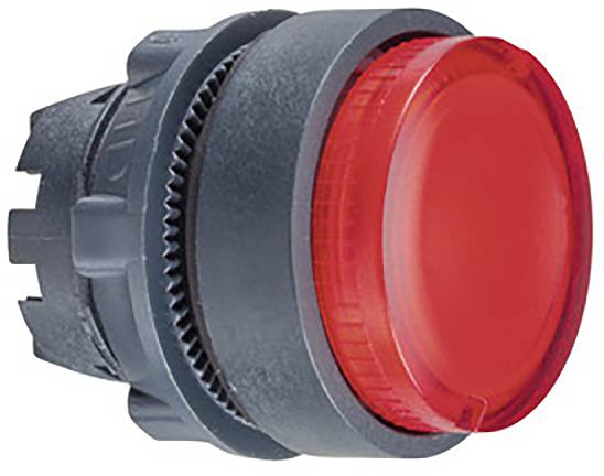 Red LED push button from Omron for control, with round cap and grey housing, suitable for industrial applications.