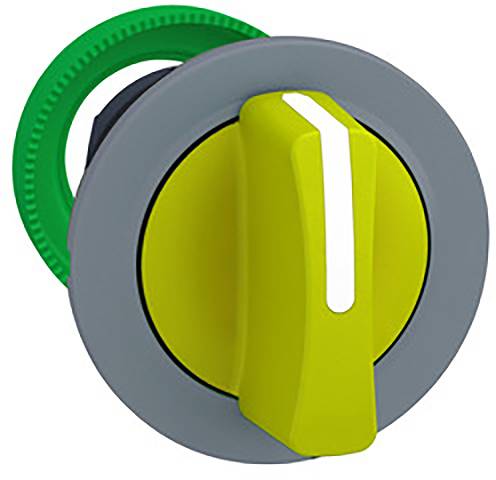 A round, grey-green rotary switch with a yellow handle pointing to the right. The switch appears to be designed for industrial applications.