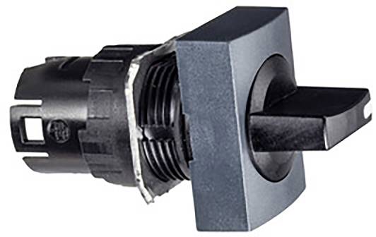 A black switch with a square frame and rotary handle.