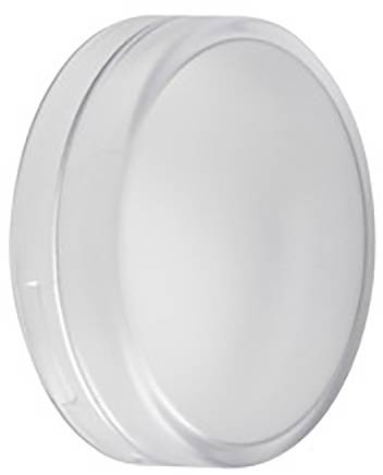 Round, transparent plastic lid, slightly domed. Used for covering or protecting contents in containers.