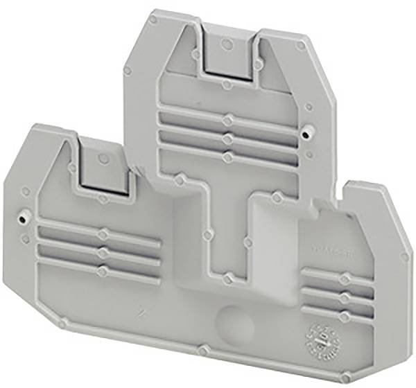 A grey, rectangular plastic component with multiple grooves and recesses, potentially part of a technical or mechanical device.