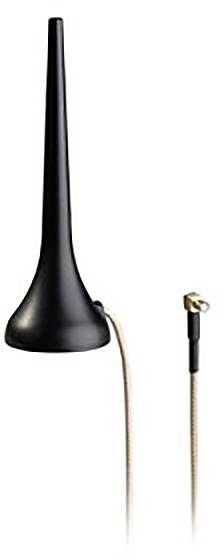 Black, conical antenna with a long cable and gold-plated connector. Designed for signal amplification in various devices.