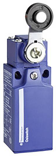 A blue limit switch with a black lever and metal components, used for position monitoring in automated systems.
