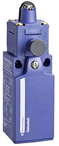 A blue electrical limit switch with a black push button. It is labelled 'Telemecanique OsiSense' and is likely intended for controlling mechanical movements.