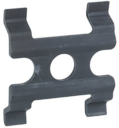 A black metal H-shaped component with a hole in the centre, likely a holder or a clamp.
