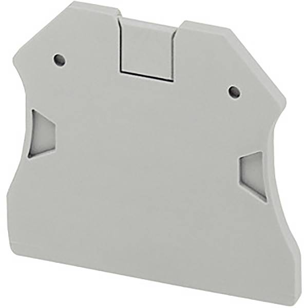 Grey plastic end cap for a DIN rail terminal block, rectangular with bevelled corners and two small notches.